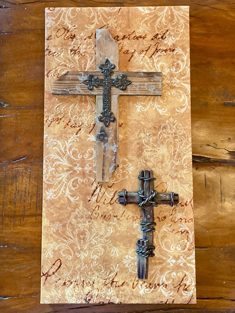 One of a Kind-Warm & Inspiring Canvas w Wood & Metal Rustic Crosses Wall Art NWT